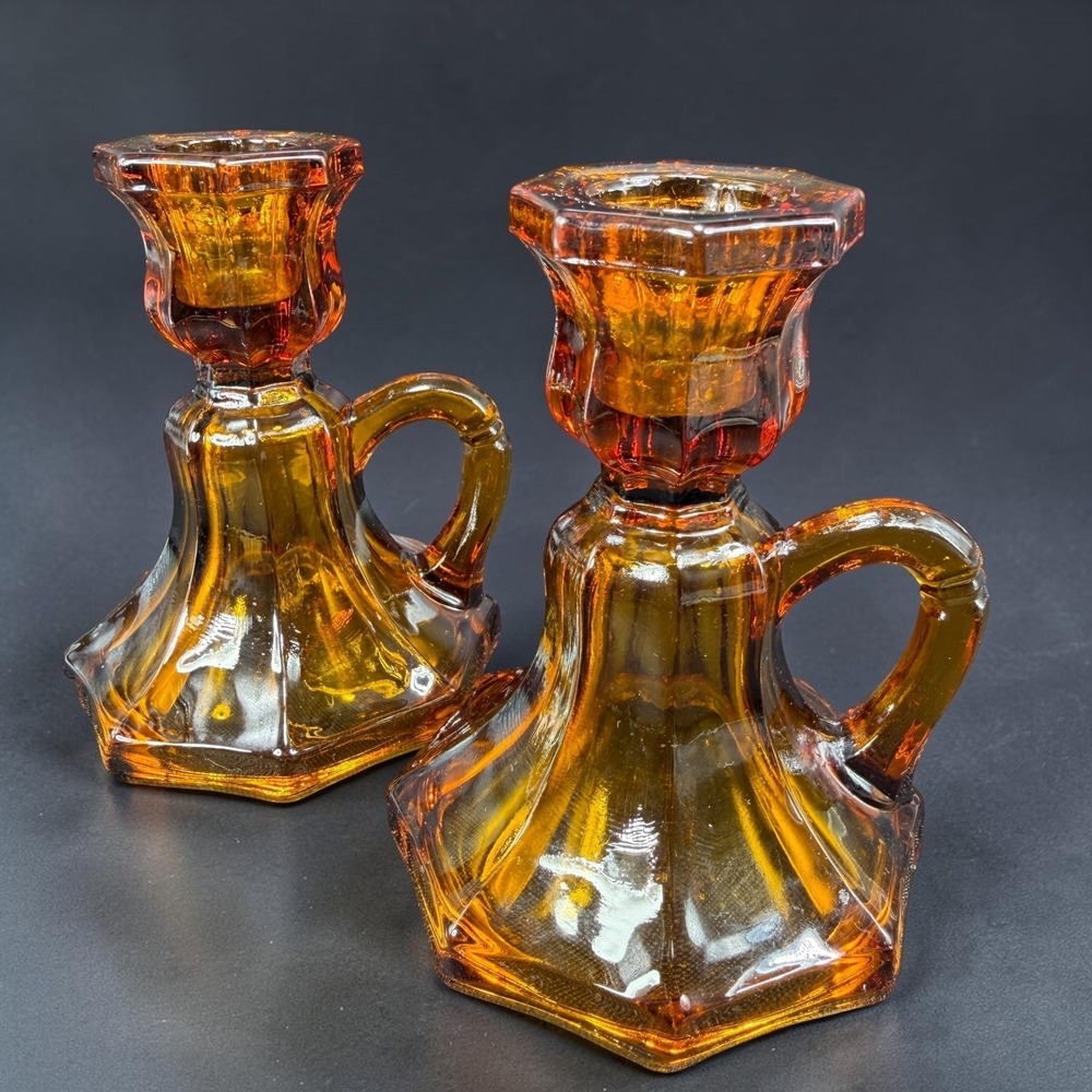 Vintage Amber Glass Chamberstick Candle Holder Pair Hexagonal Base Finger Loop